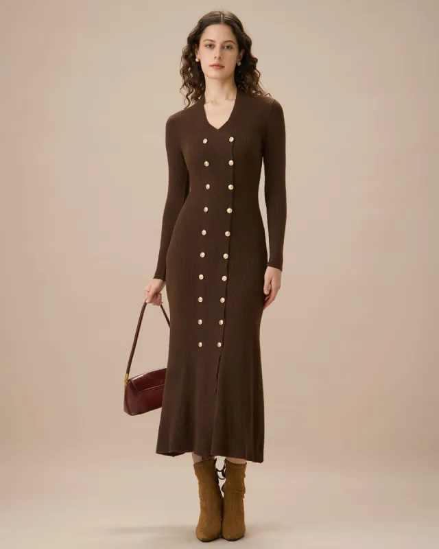 Coffee V Neck Button Bodycon Sweater Dress sold by rihoas