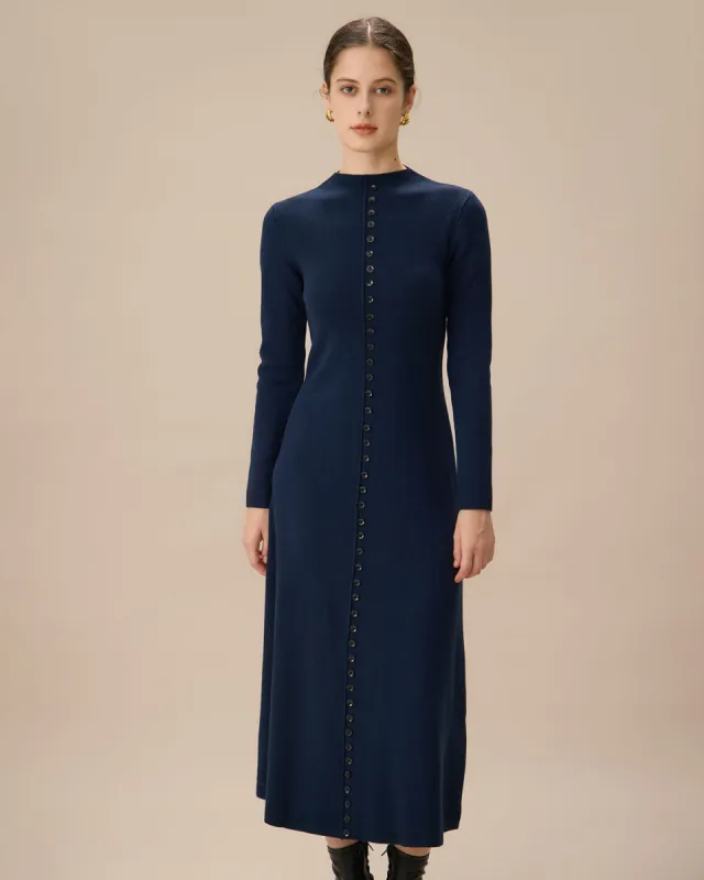 Blue Crew Neck Button Sweater Dress sold by rihoas