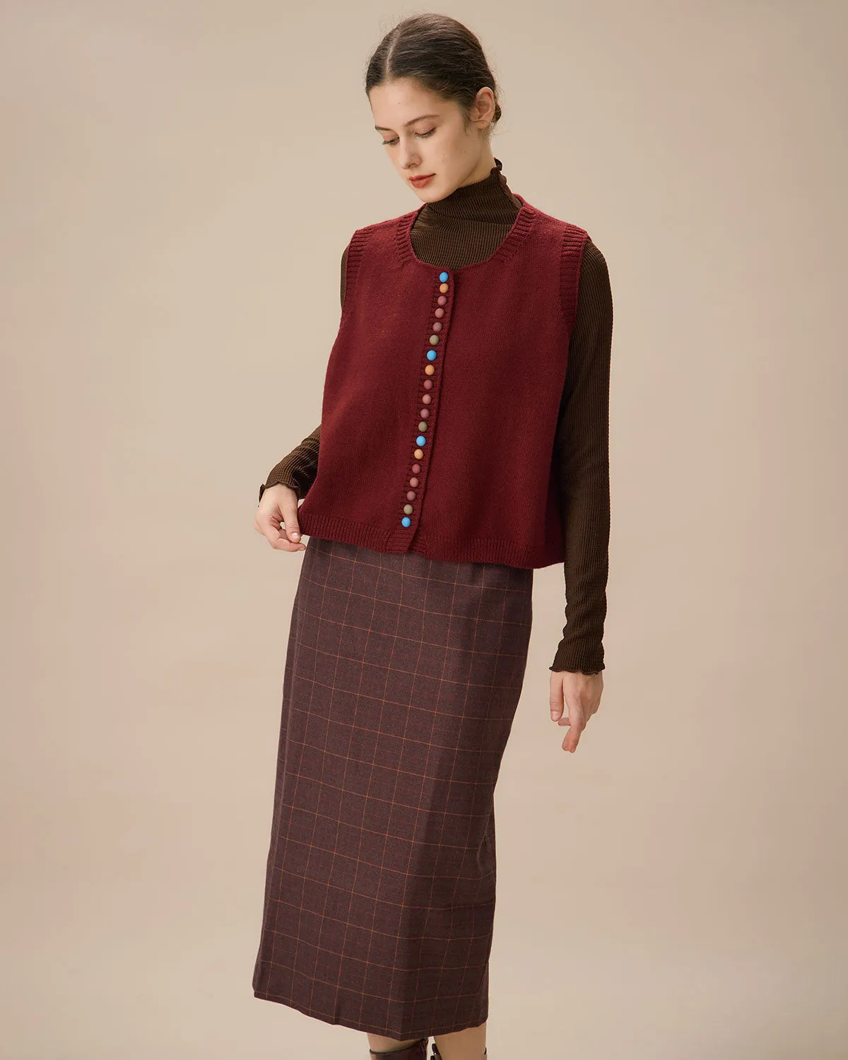 Red Round Neck Single Breasted Knit Vest sold by rihoas