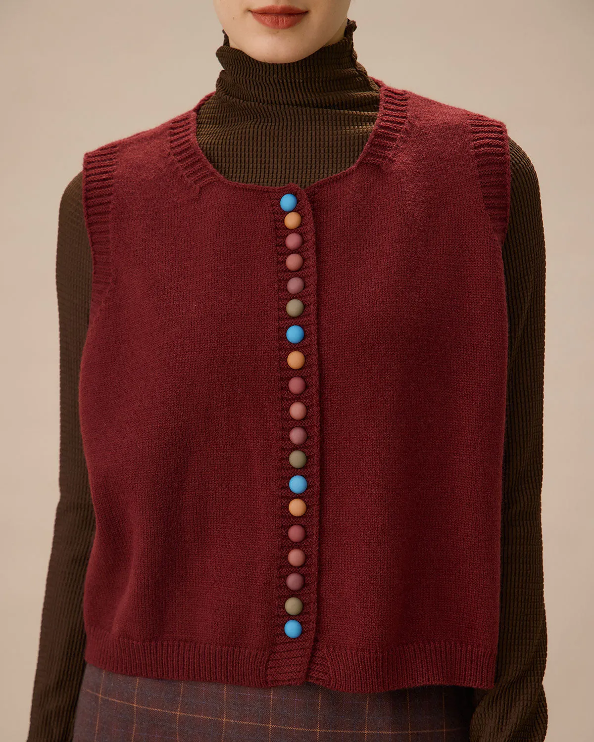 Red Round Neck Single Breasted Knit Vest sold by rihoas product image thumbnail 2