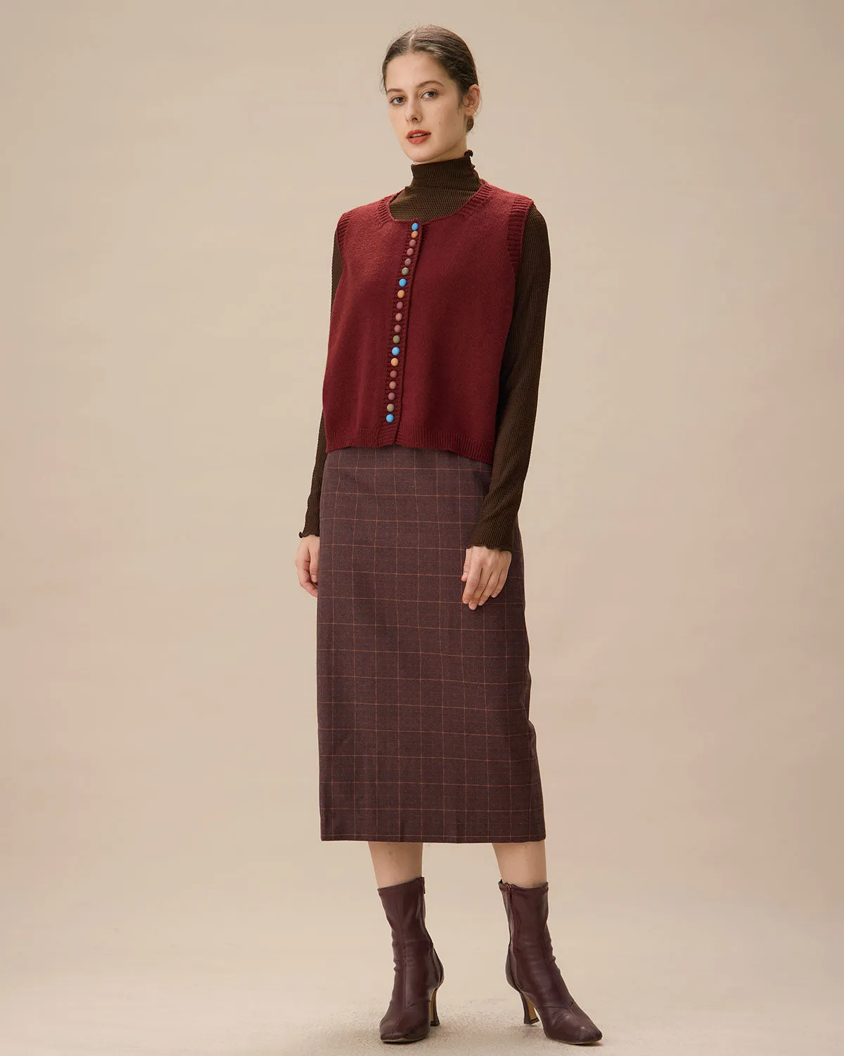 Red Round Neck Single Breasted Knit Vest sold by rihoas product image thumbnail 3