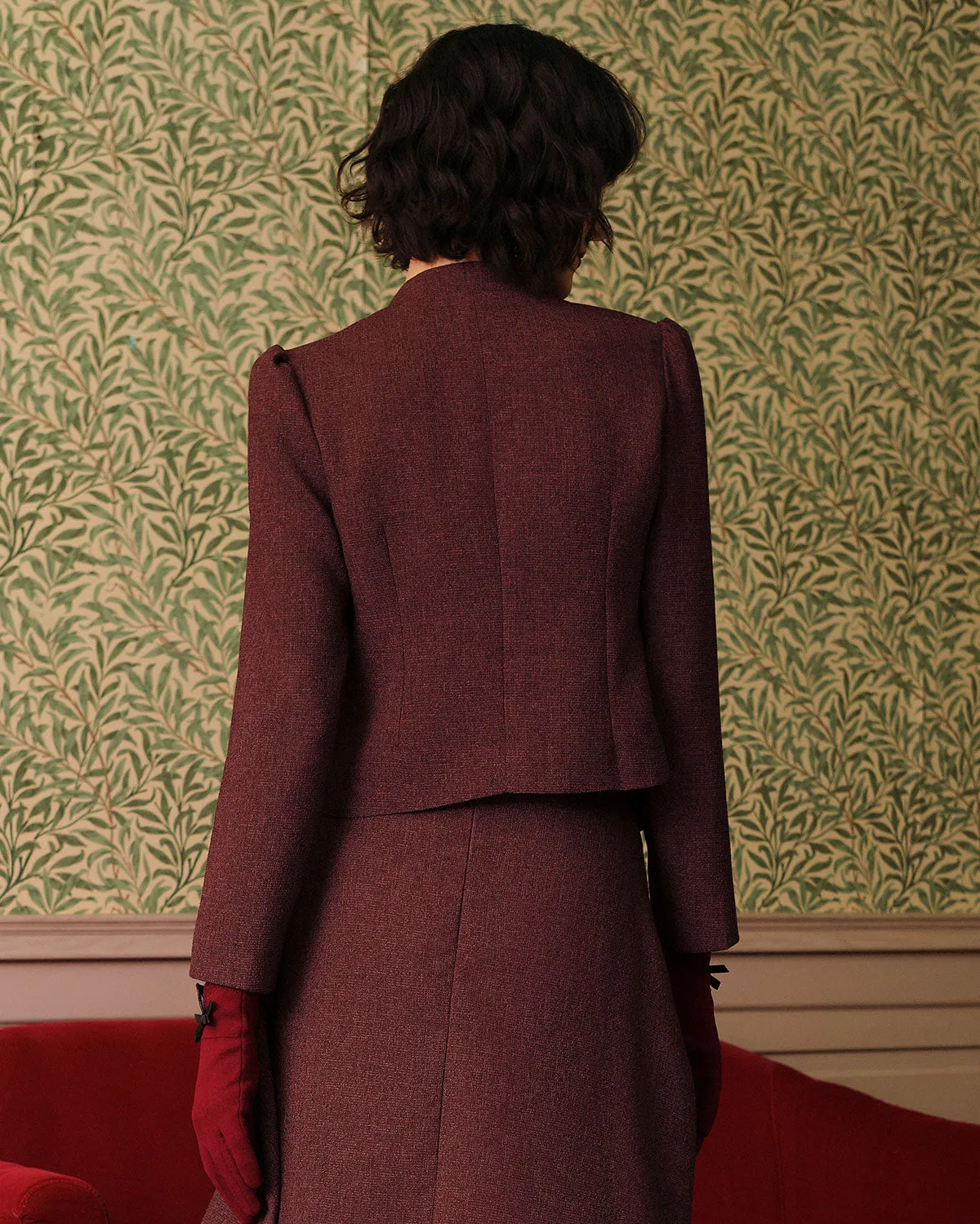 Burgundy Retro Single-breasted Tweed Jacket sold by rihoas product image thumbnail 3