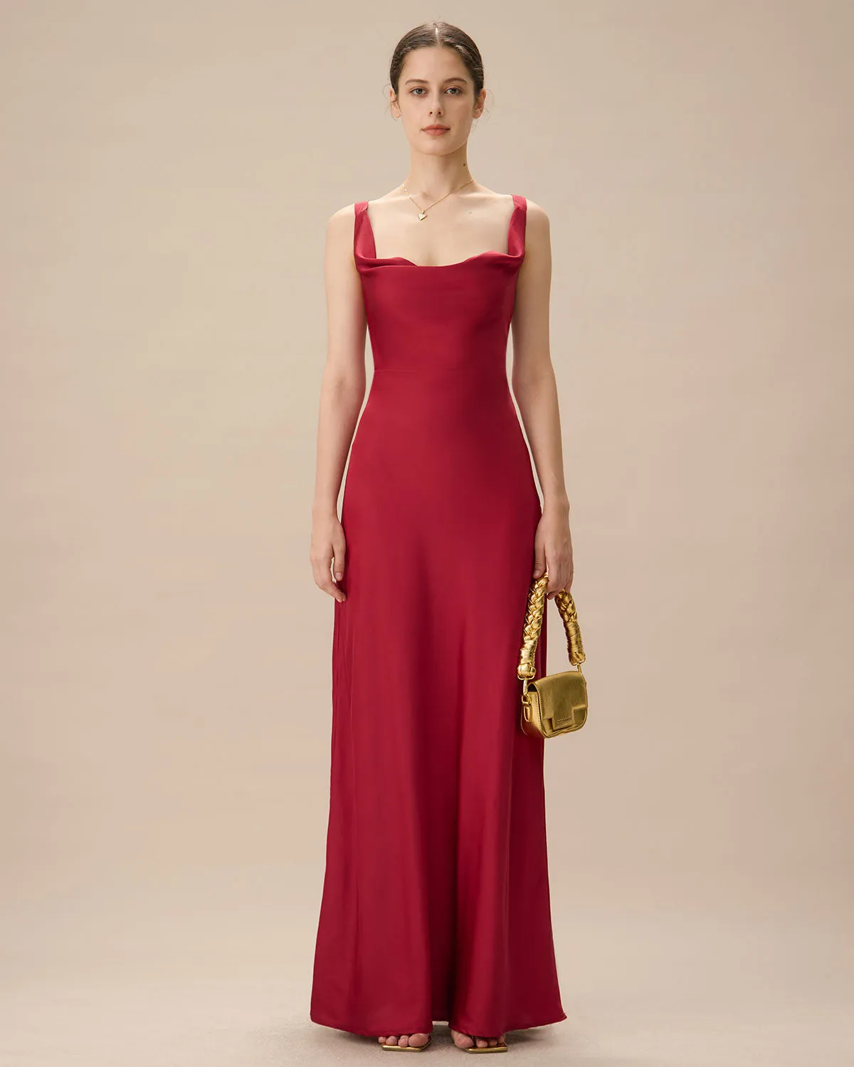 Red Cowl Neck Sheath Satin Maxi Dress sold by rihoas