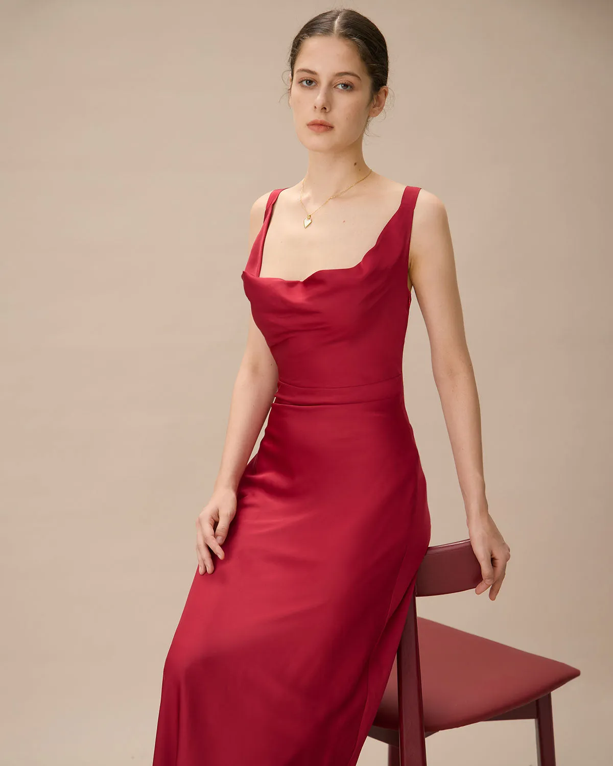 Red Cowl Neck Sheath Satin Maxi Dress sold by rihoas product image thumbnail 4