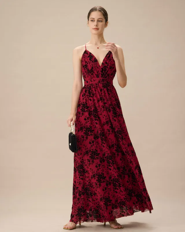 Red Floral Flocked Mesh Slit Maxi Dress sold by rihoas