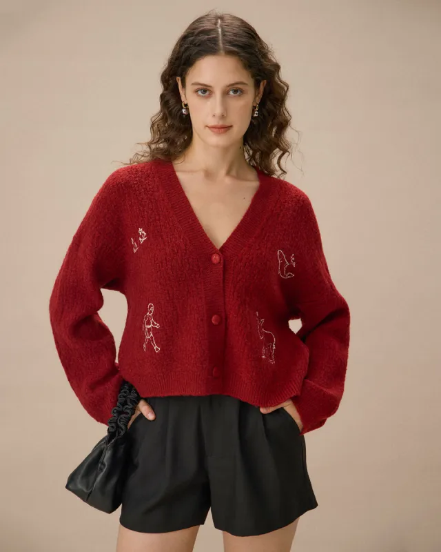 Red V Neck Drop Shoulder Button Cardigan sold by rihoas