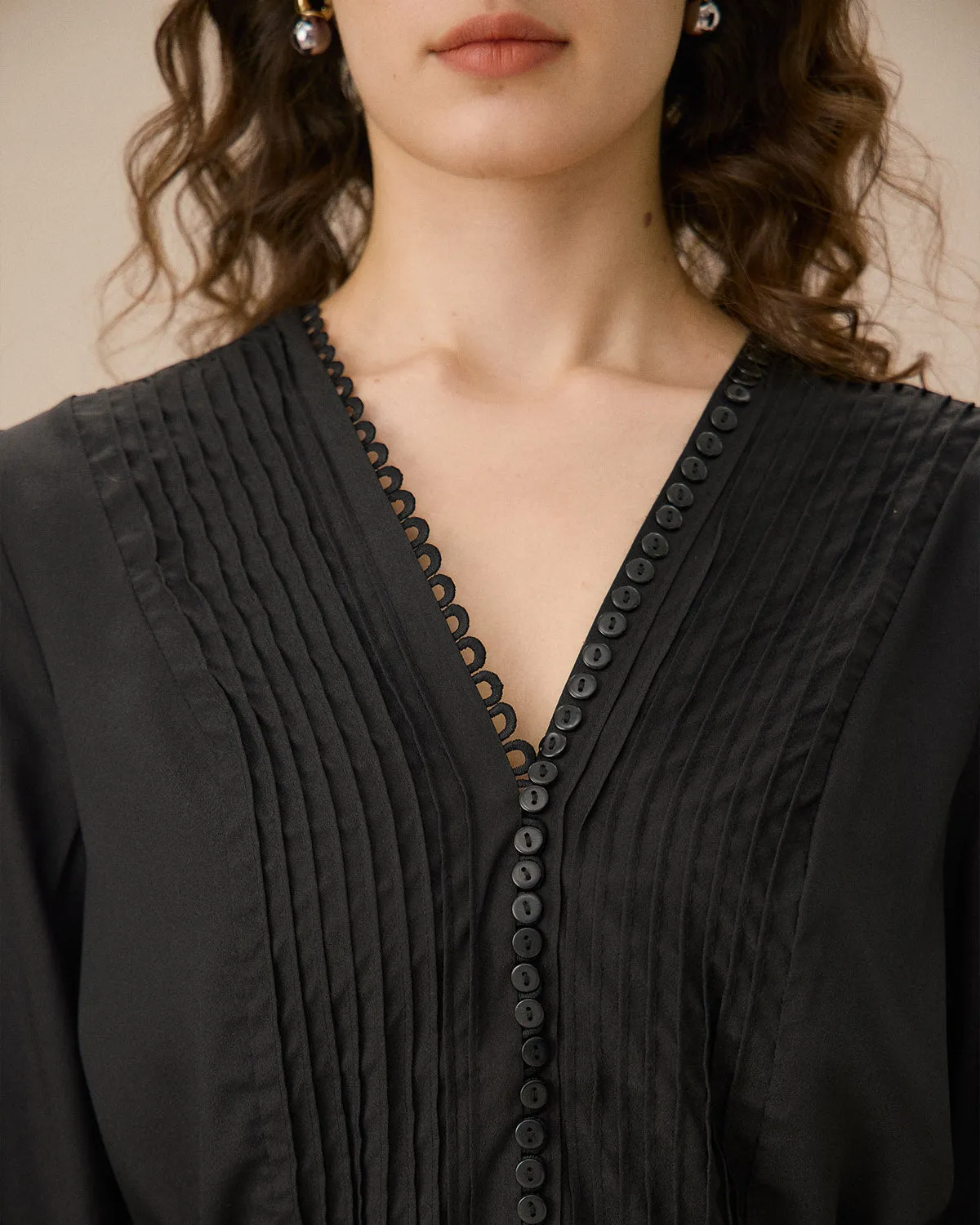 Black V-Neck Ruched Blouse sold by rihoas product image thumbnail 2