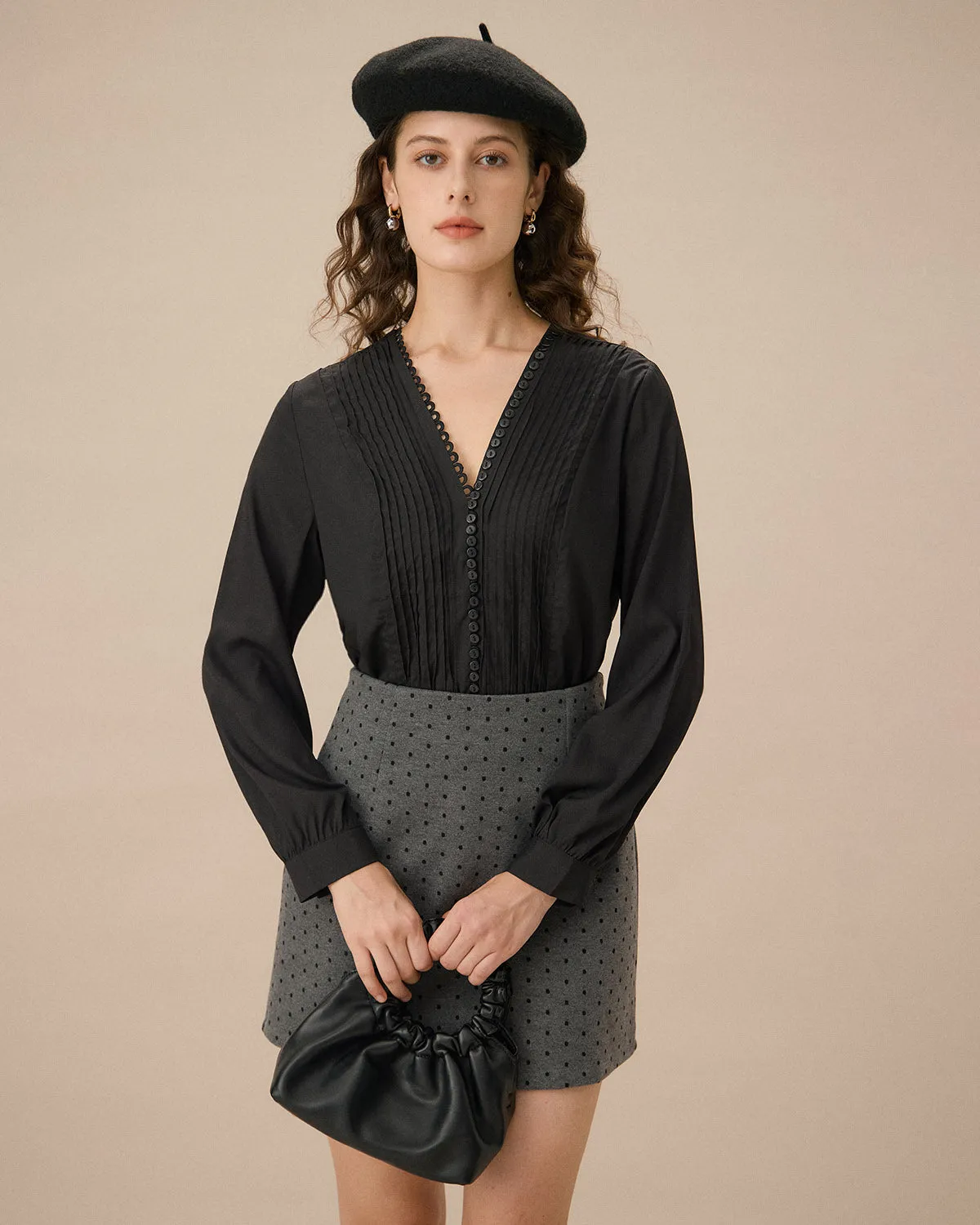 Black V-Neck Ruched Blouse sold by rihoas