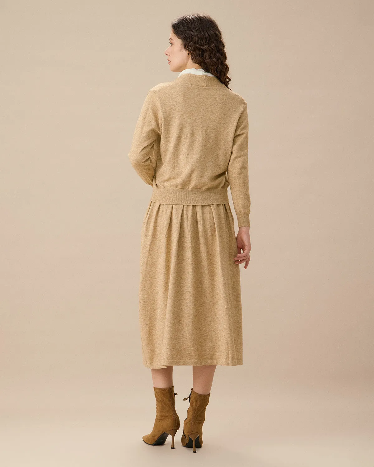Camel V Neck Cardigan Skirt Set sold by rihoas product image thumbnail 5