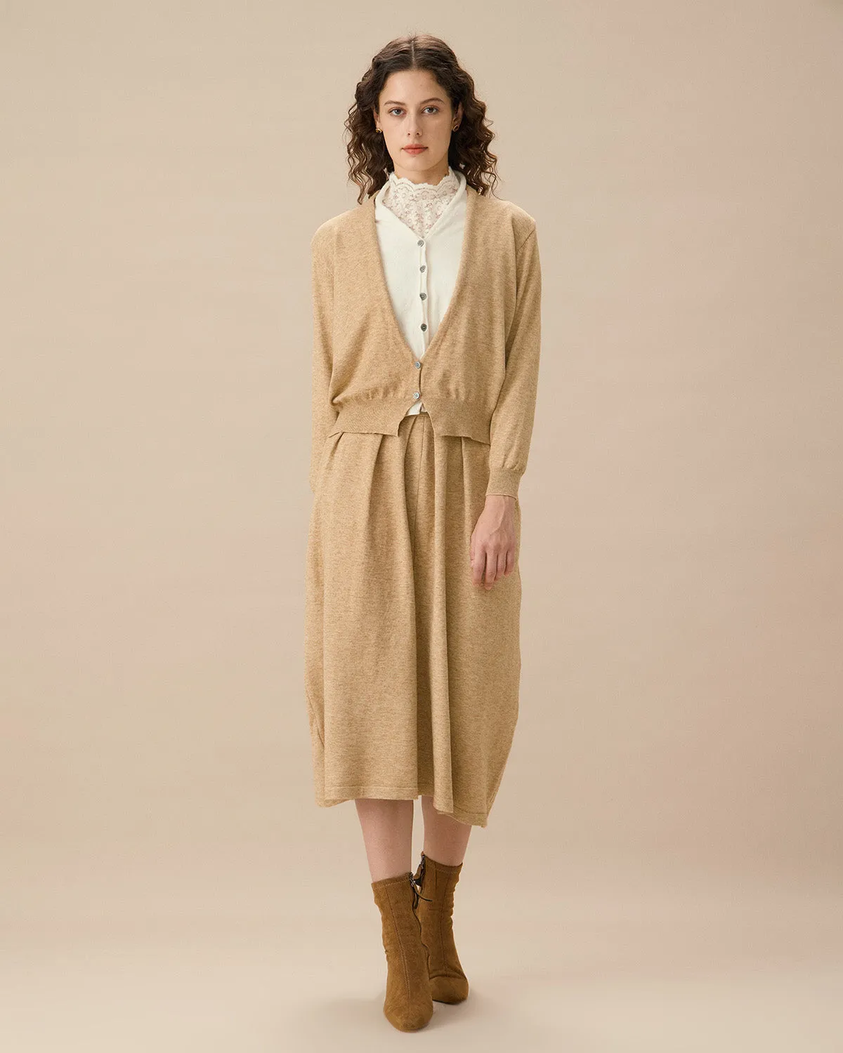 Camel V Neck Cardigan Skirt Set sold by rihoas product image thumbnail 2