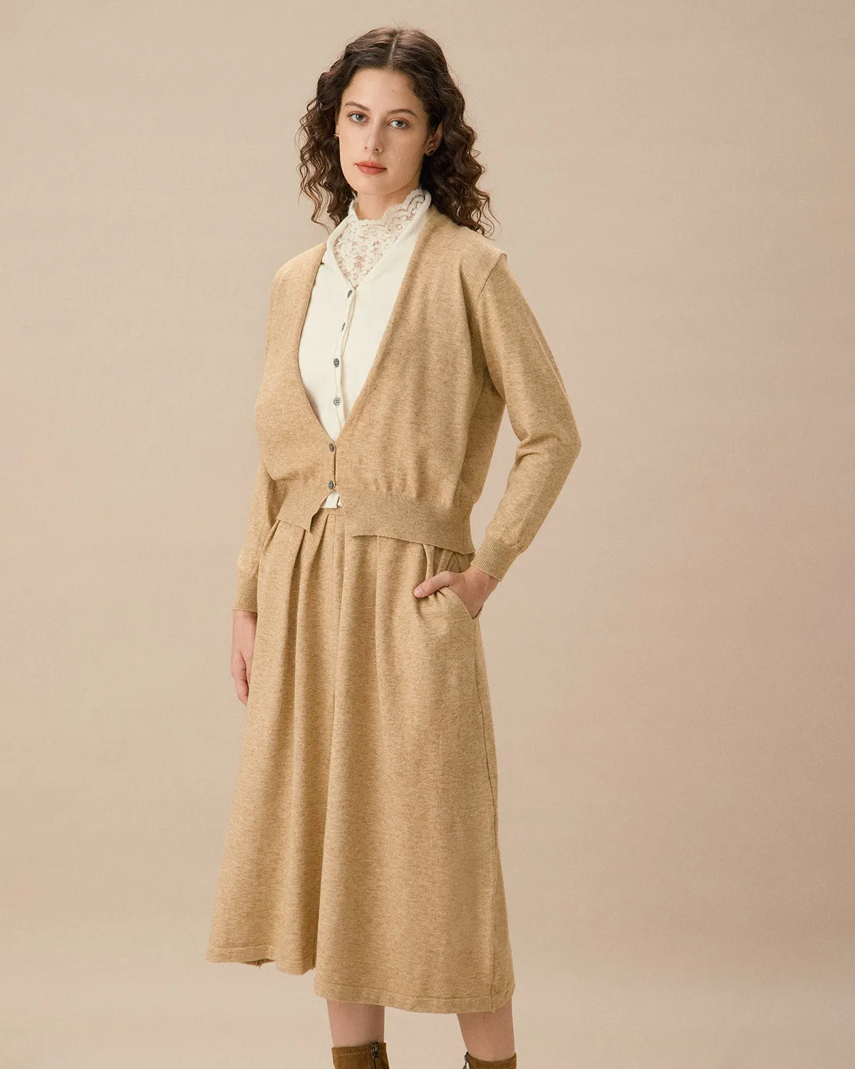Camel V Neck Cardigan Skirt Set sold by rihoas
