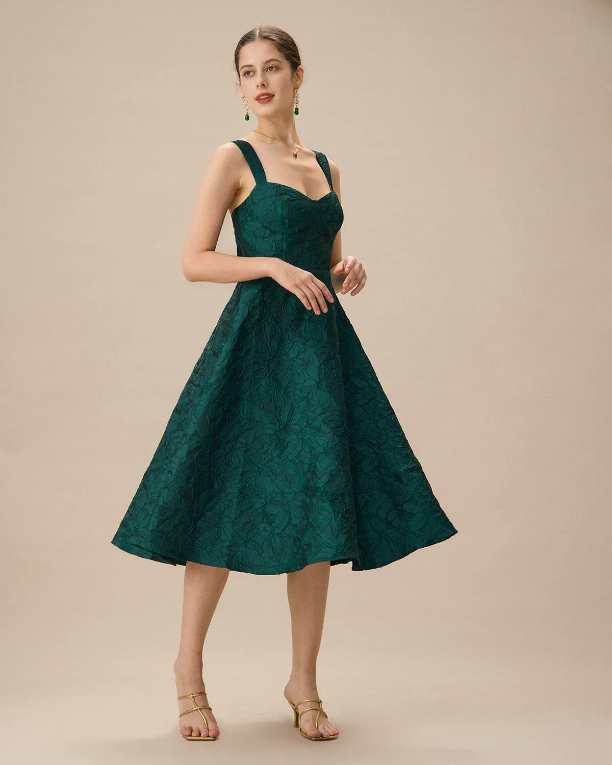 Green Sweetheart Neck Jacquard Midi Dress sold by rihoas product image thumbnail 4