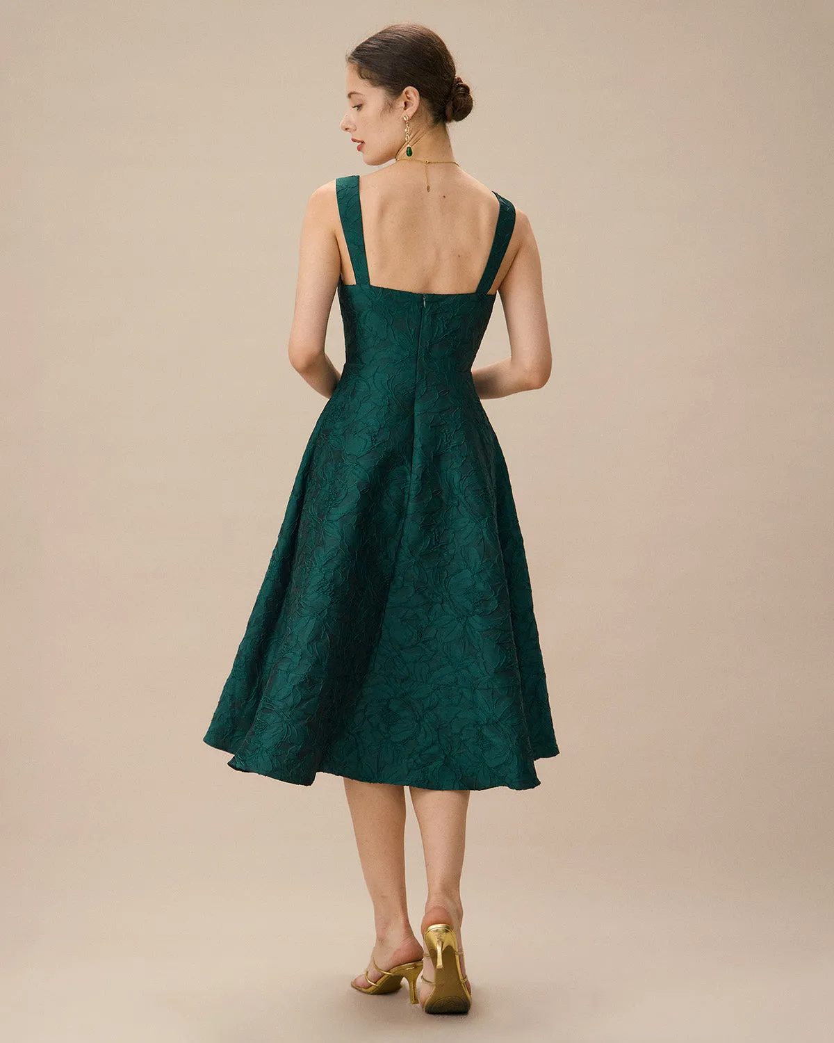 Green Sweetheart Neck Jacquard Midi Dress sold by rihoas product image thumbnail 5