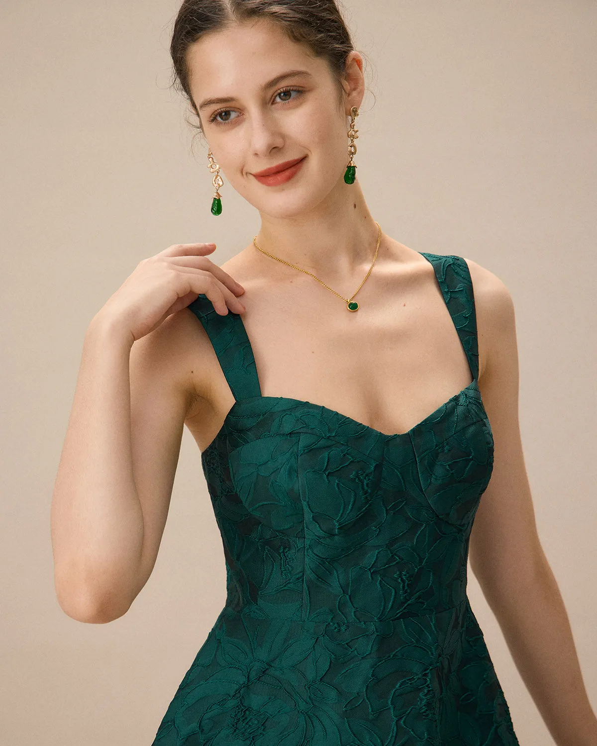 Green Sweetheart Neck Jacquard Midi Dress sold by rihoas product image thumbnail 2