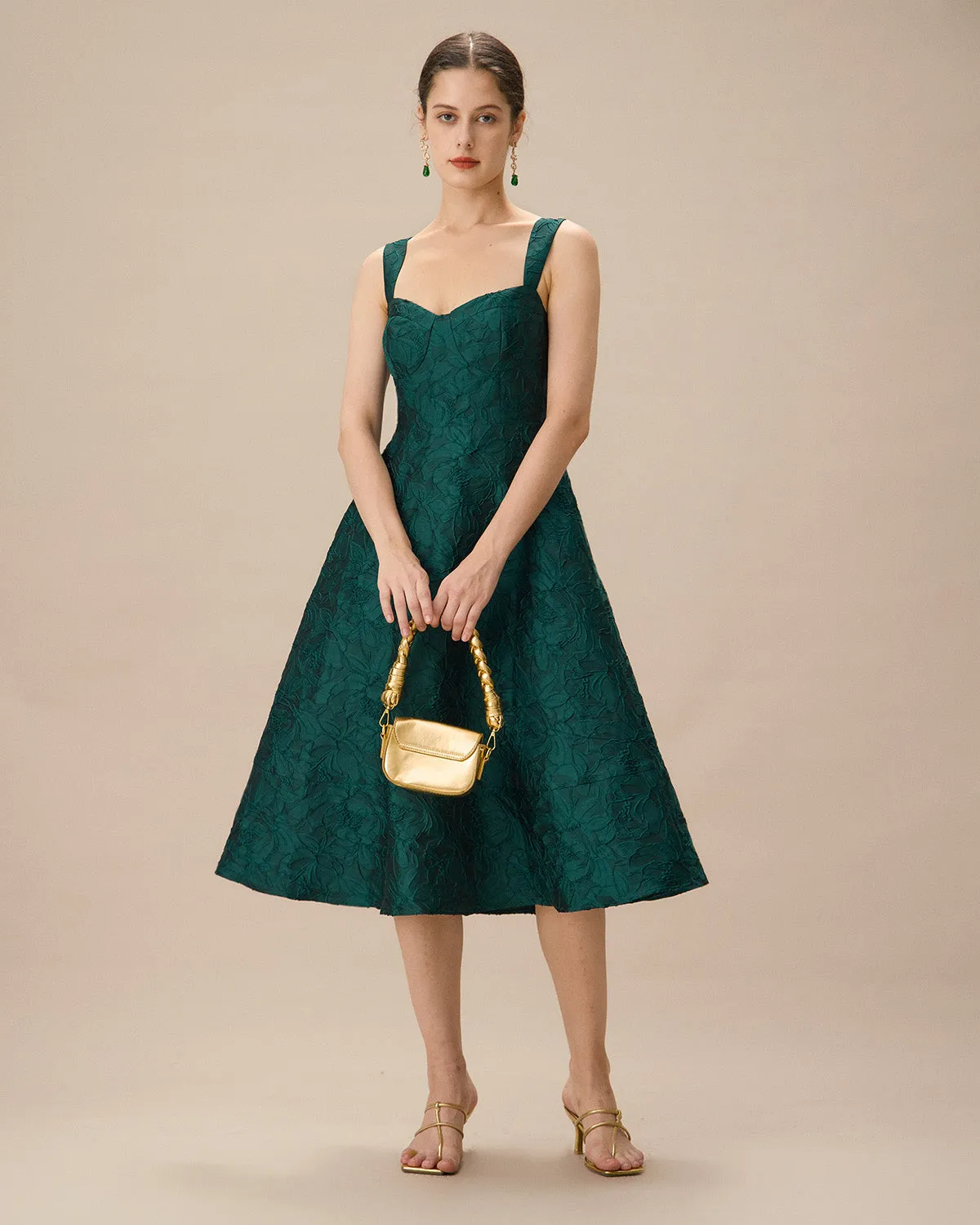 Green Sweetheart Neck Jacquard Midi Dress sold by rihoas