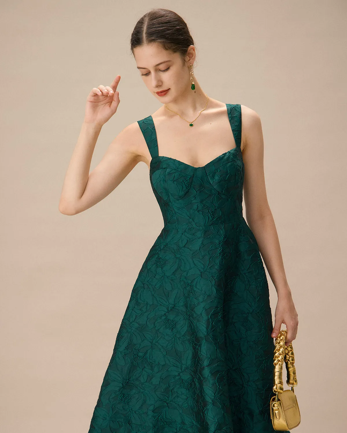 Green Sweetheart Neck Jacquard Midi Dress sold by rihoas product image thumbnail 3