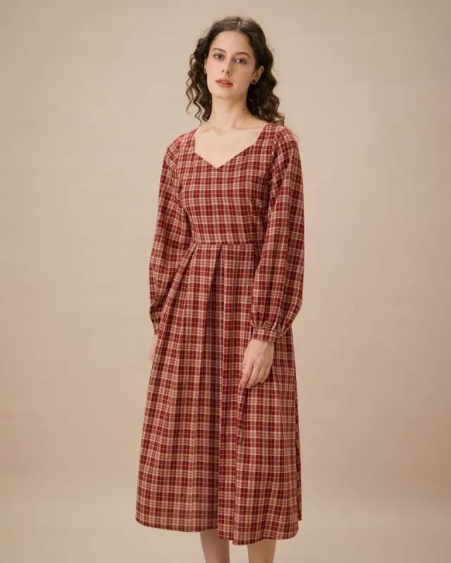 Red Sweetheart Neck Plaid Midi Dress sold by rihoas