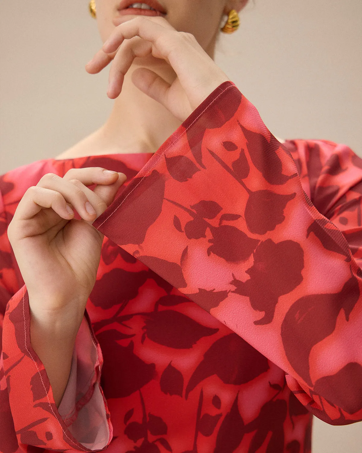 Red Floral Bell Sleeve Maxi Dress sold by rihoas product image thumbnail 3