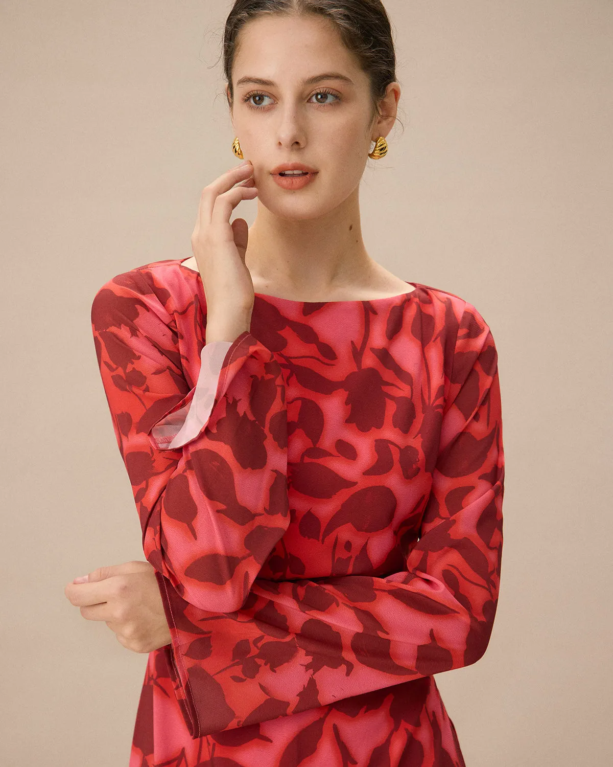 Red Floral Bell Sleeve Maxi Dress sold by rihoas product image thumbnail 2