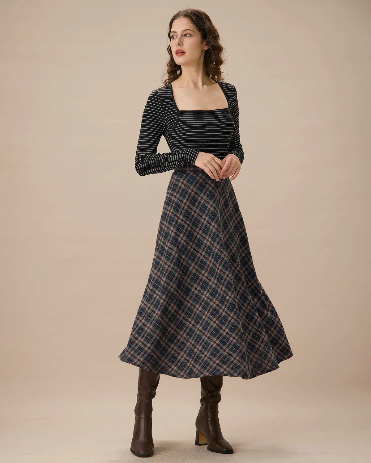 Navy Plaid Flared Midi Skirt sold by rihoas