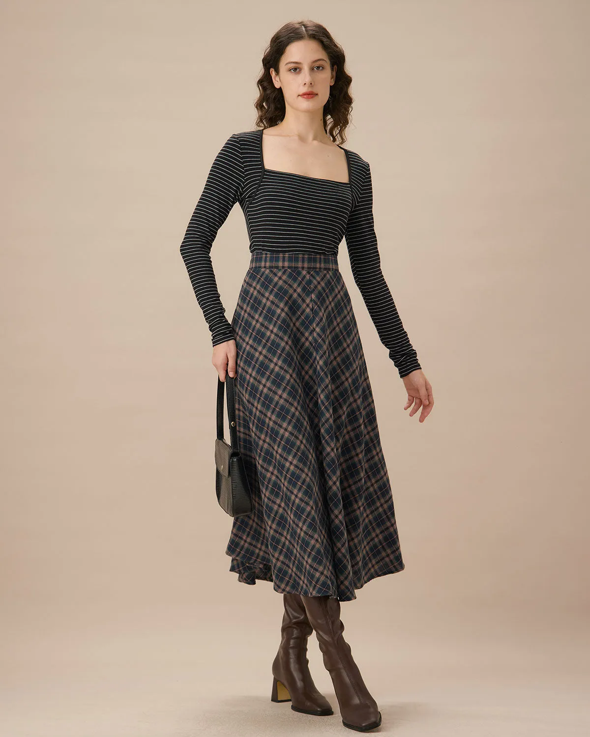 Navy Plaid Flared Midi Skirt sold by rihoas product image thumbnail 4