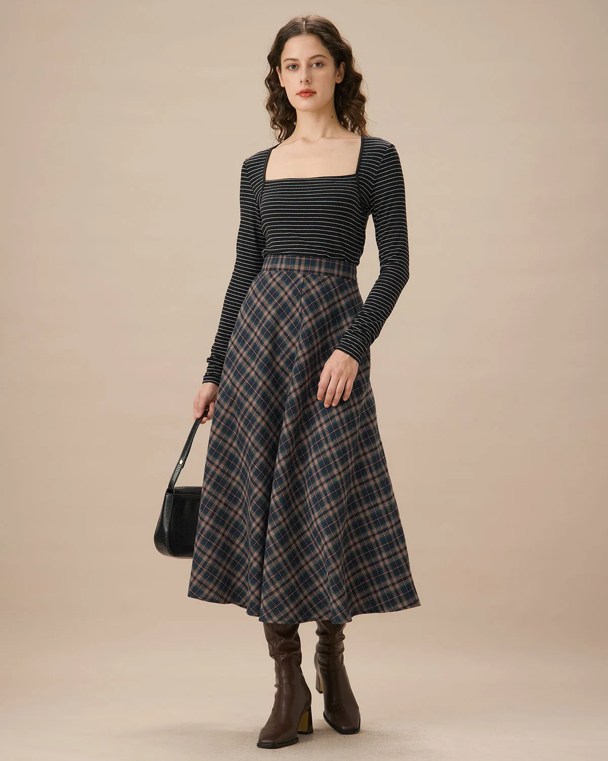 Navy Plaid Flared Midi Skirt sold by rihoas product image thumbnail 3