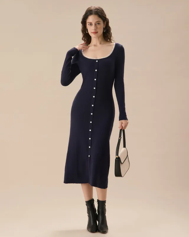 Navy Contrasting Button-Up Sweater Dress sold by rihoas