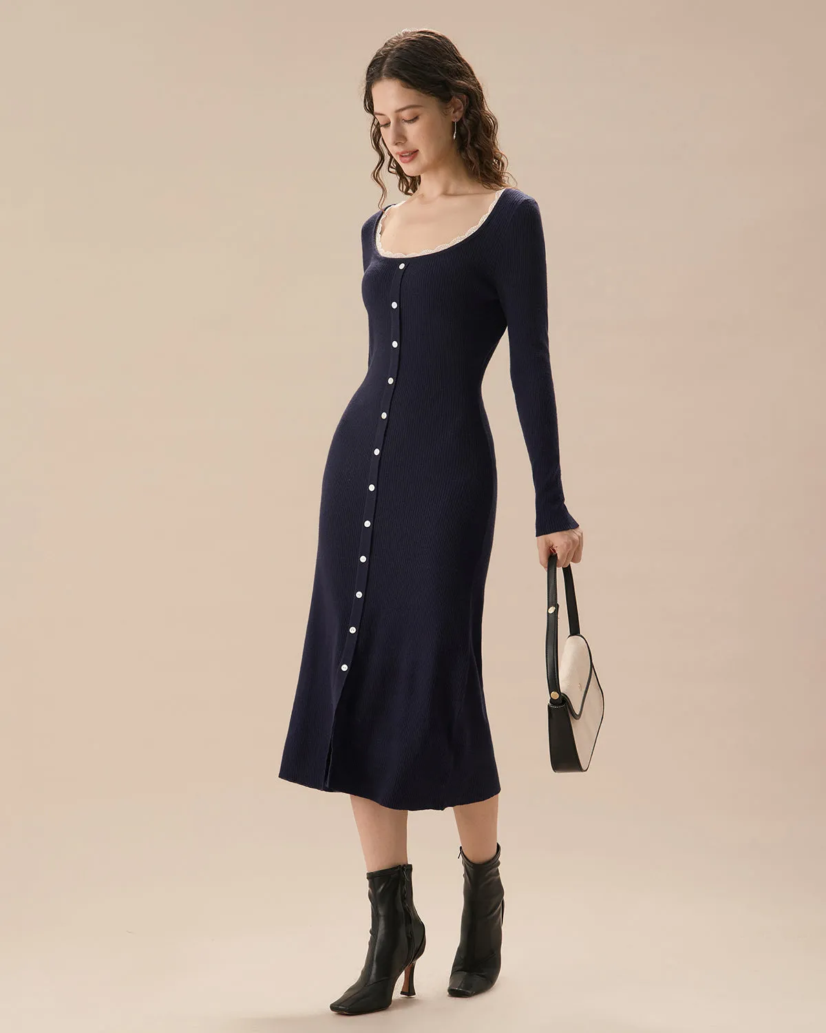 Navy Contrasting Button-Up Sweater Dress sold by rihoas product image thumbnail 3
