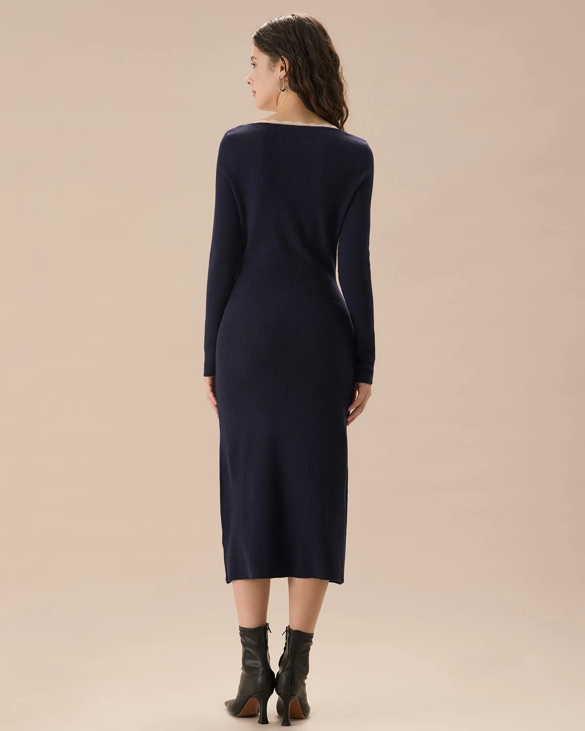 Navy Contrasting Button-Up Sweater Dress sold by rihoas product image thumbnail 4