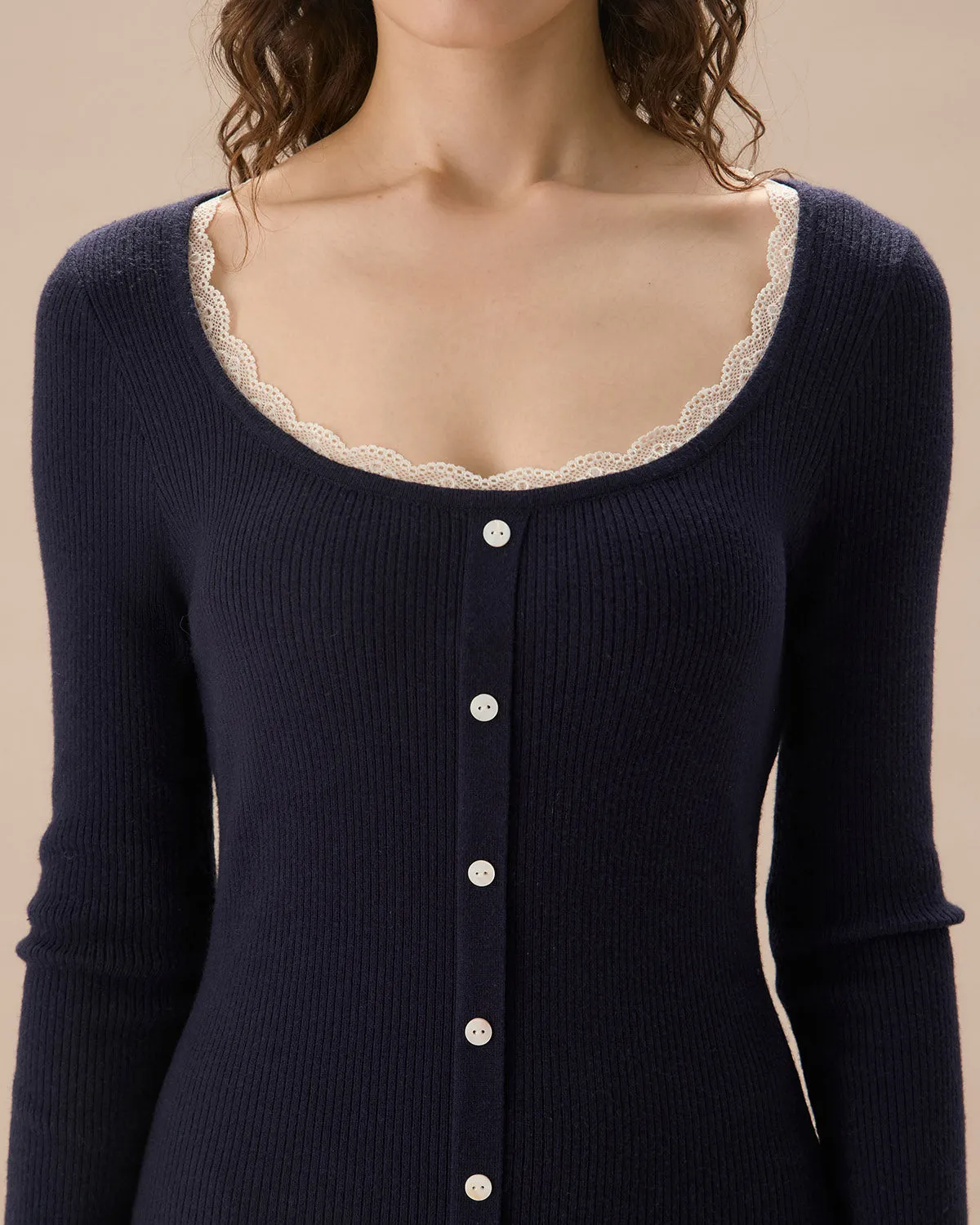 Navy Contrasting Button-Up Sweater Dress sold by rihoas product image thumbnail 2