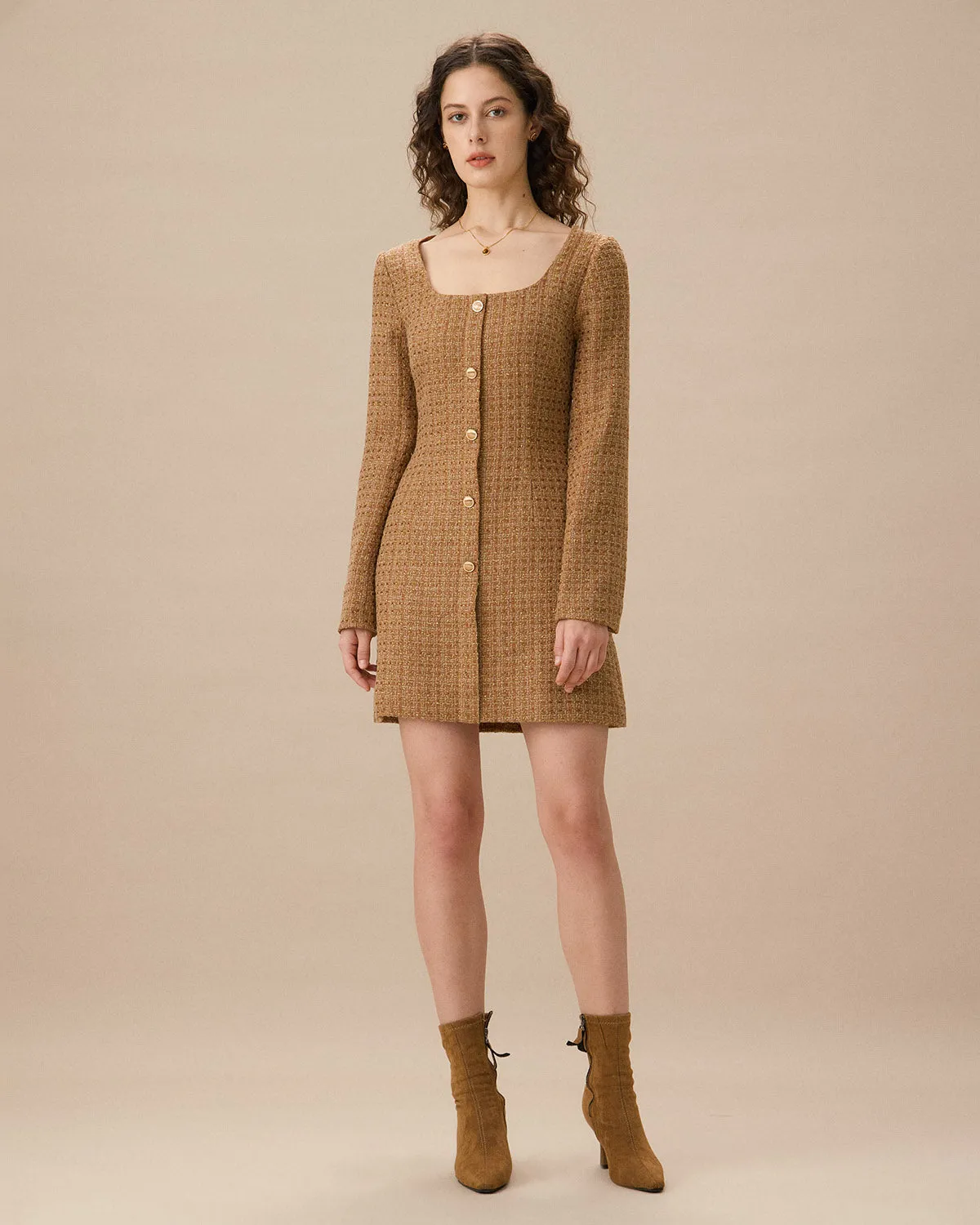 Brown U Neck Button-Up Tweed Mini Dress sold by rihoas product image thumbnail 3
