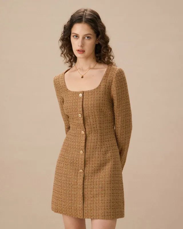 Brown U Neck Button-Up Tweed Mini Dress sold by rihoas