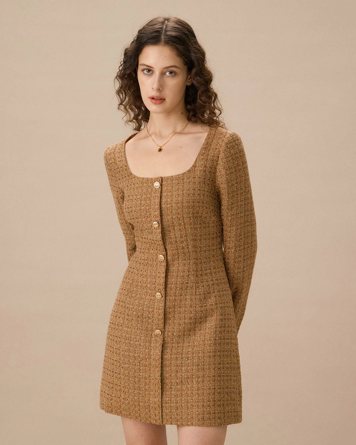 Brown U Neck Button-Up Tweed Mini Dress sold by rihoas