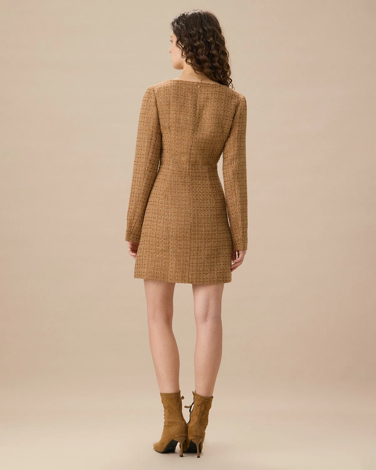Brown U Neck Button-Up Tweed Mini Dress sold by rihoas product image thumbnail 4