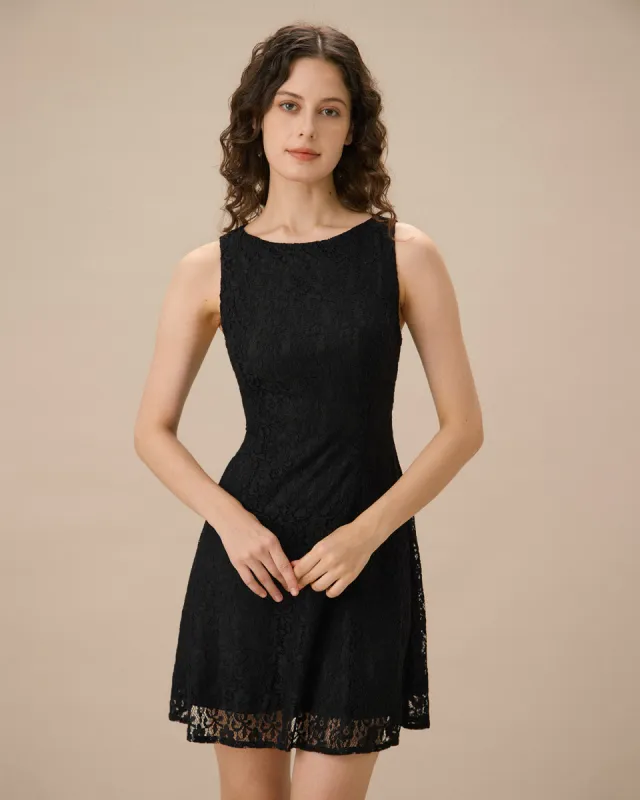 Black Lace Boat Neck Sleeveless Mini Dress sold by rihoas