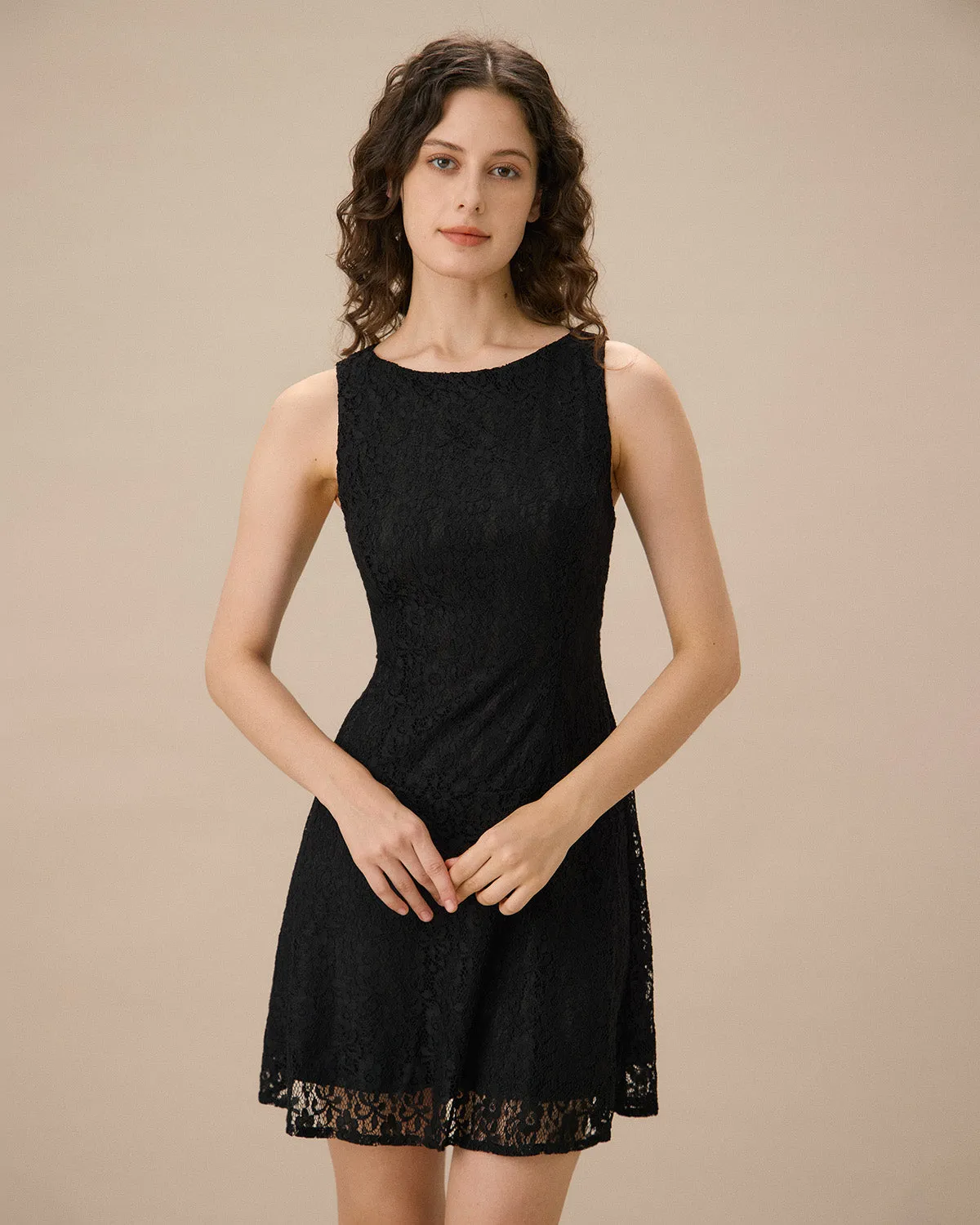 Black Lace Boat Neck Sleeveless Mini Dress sold by rihoas