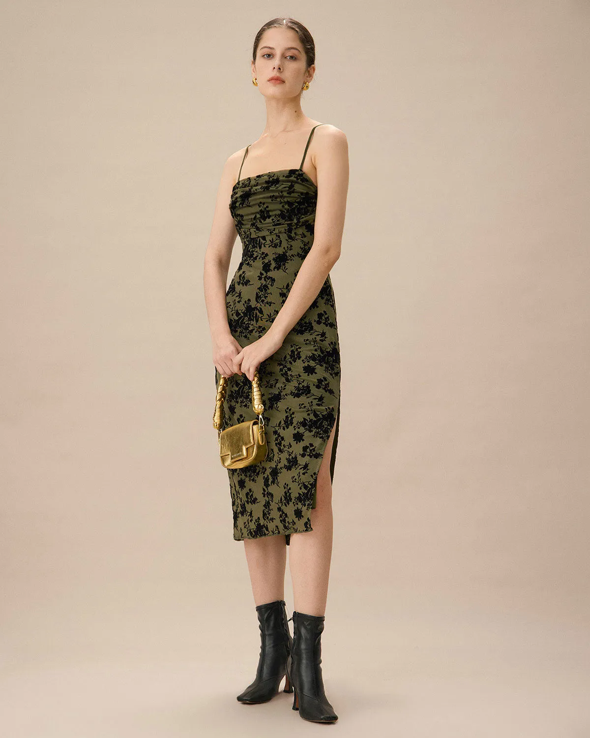 Green Jacquard Ruched Slit Midi Dress sold by rihoas product image thumbnail 3