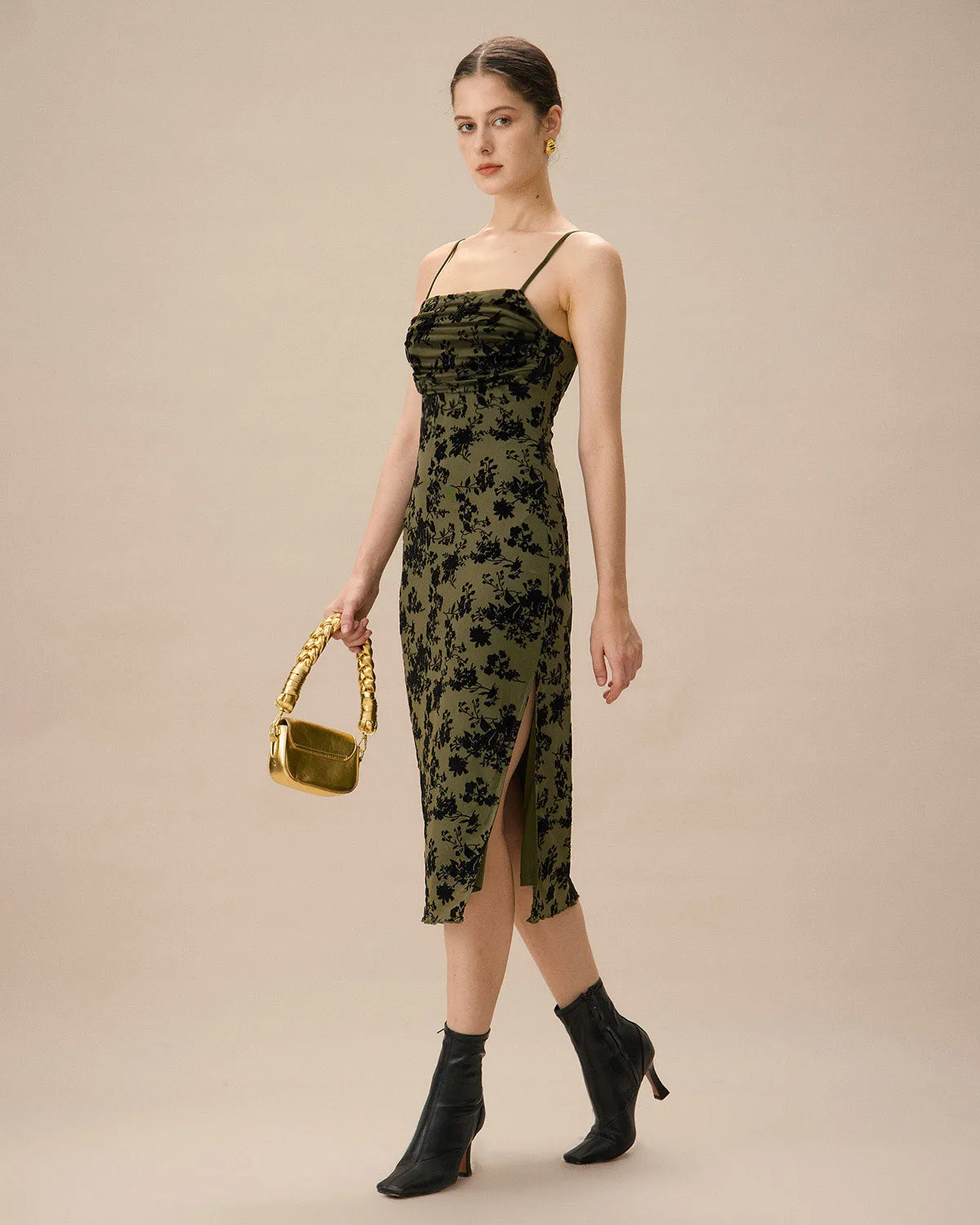 Green Jacquard Ruched Slit Midi Dress sold by rihoas product image thumbnail 4