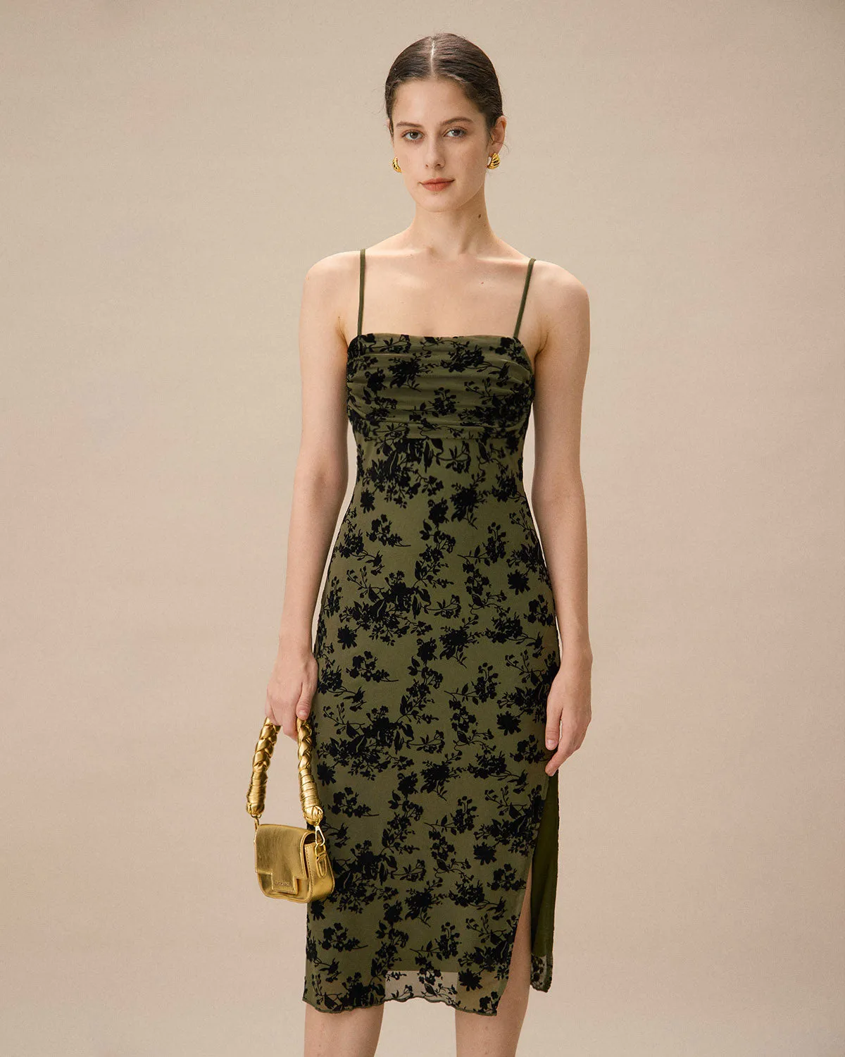 Green Jacquard Ruched Slit Midi Dress sold by rihoas