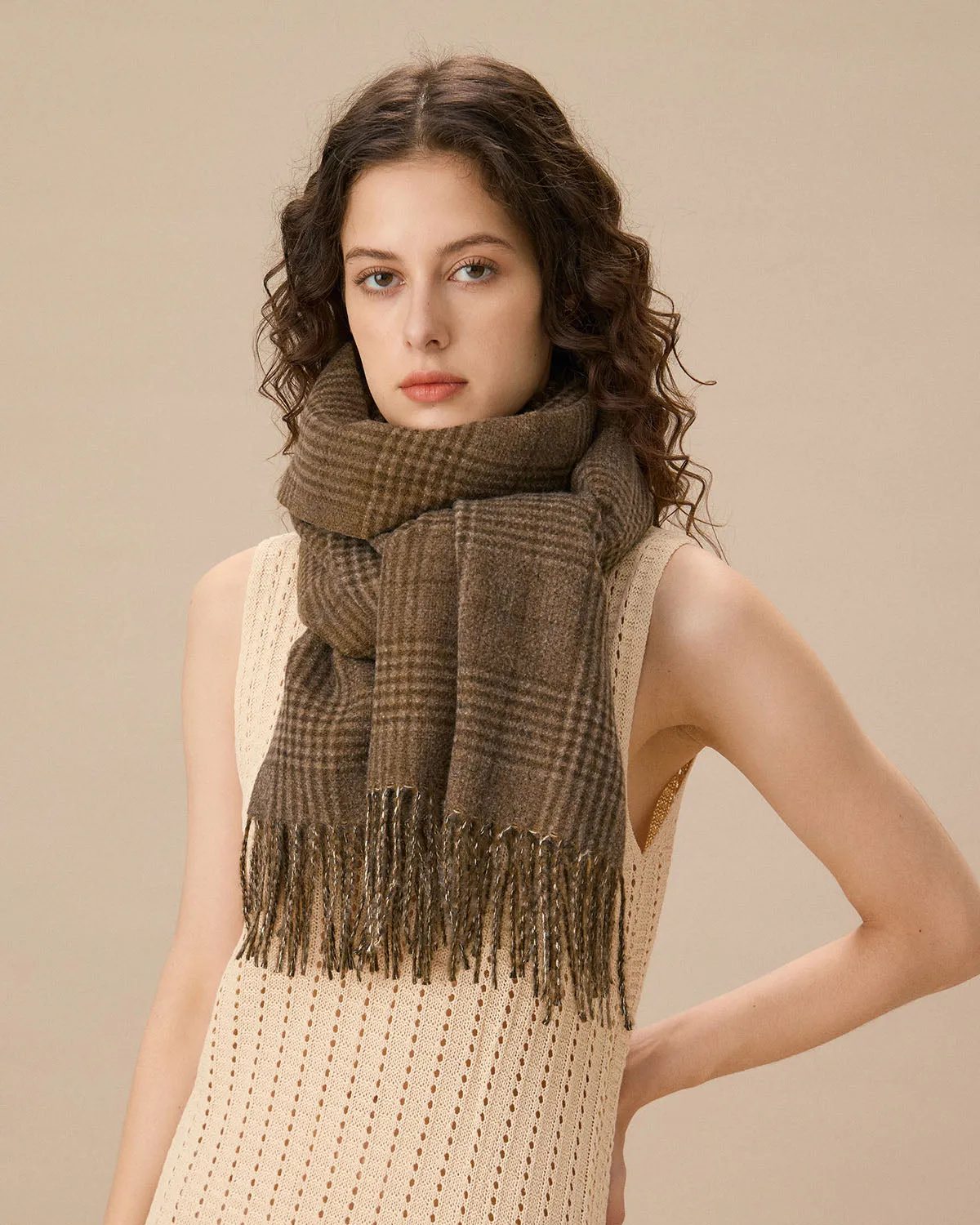 Brown Plaid Tassel Scarf sold by rihoas product image thumbnail 2