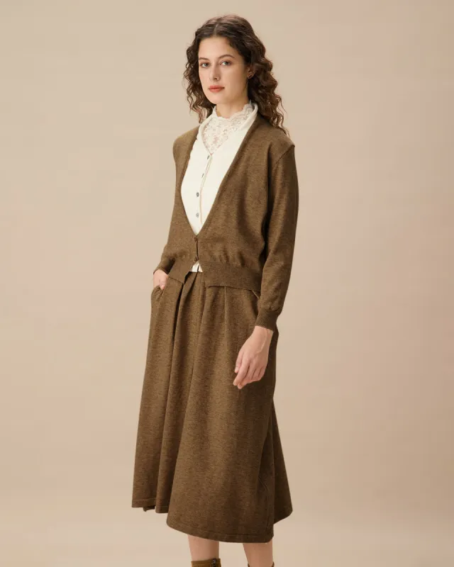 Brown V Neck Cardigan Skirt Set sold by rihoas