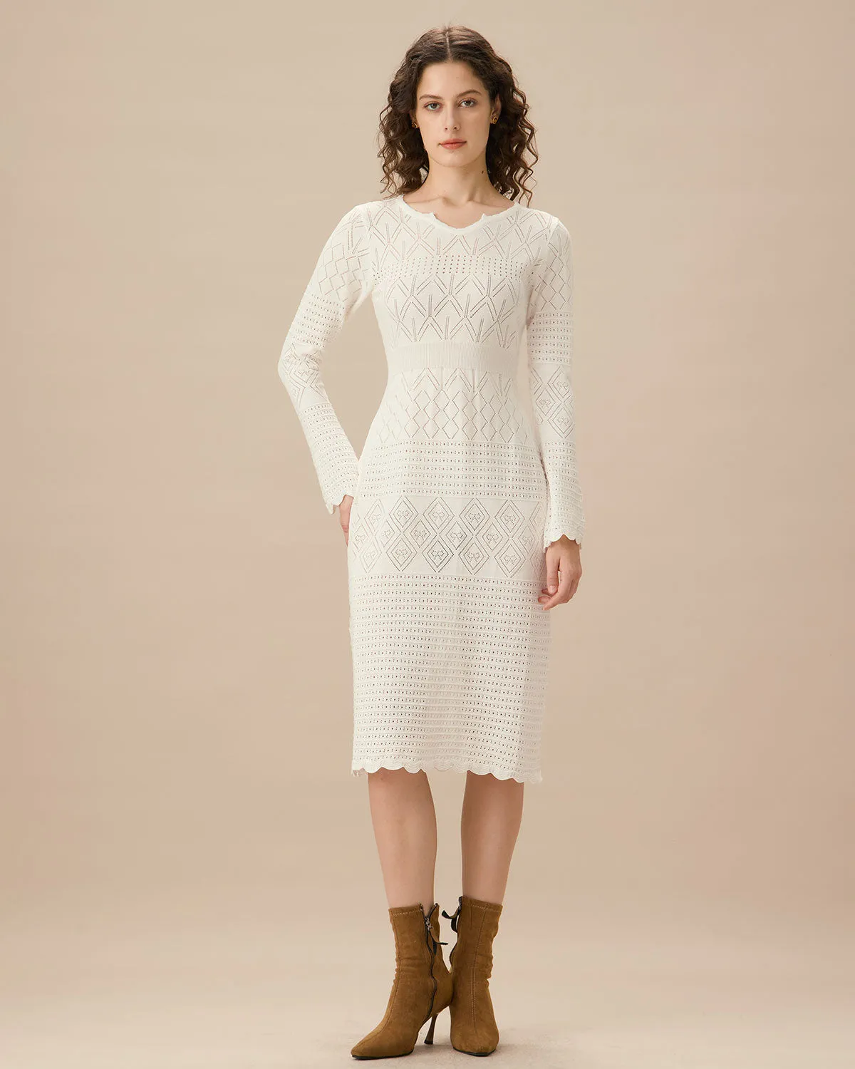 White Bell Sleeve Scalloped Sweater Dress sold by rihoas product image thumbnail 3