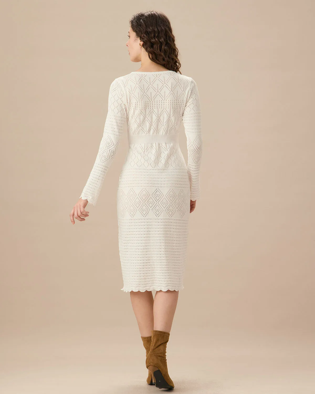 White Bell Sleeve Scalloped Sweater Dress sold by rihoas product image thumbnail 4