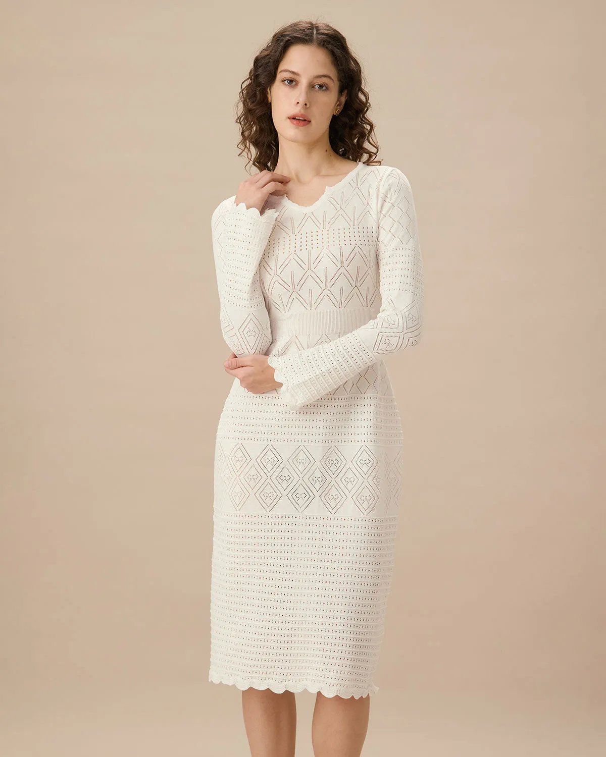 White Bell Sleeve Scalloped Sweater Dress sold by rihoas