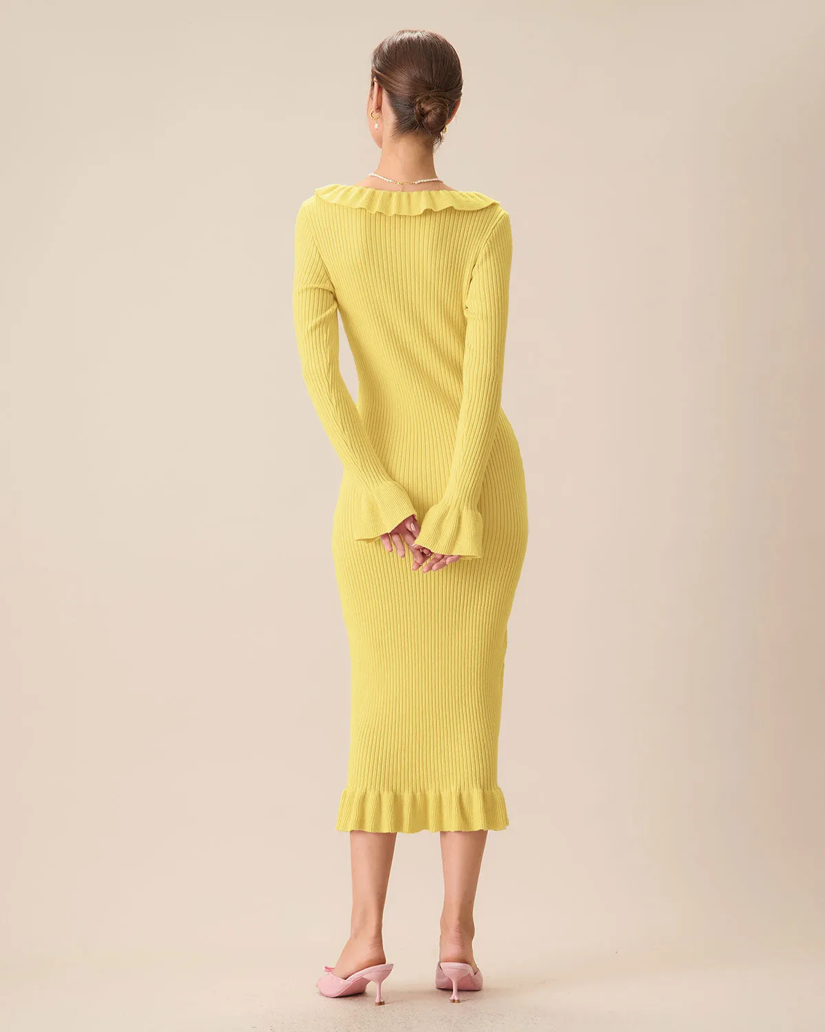 Yellow U-Neck Ruffle Bodycon Sweater Dress sold by rihoas product image thumbnail 3