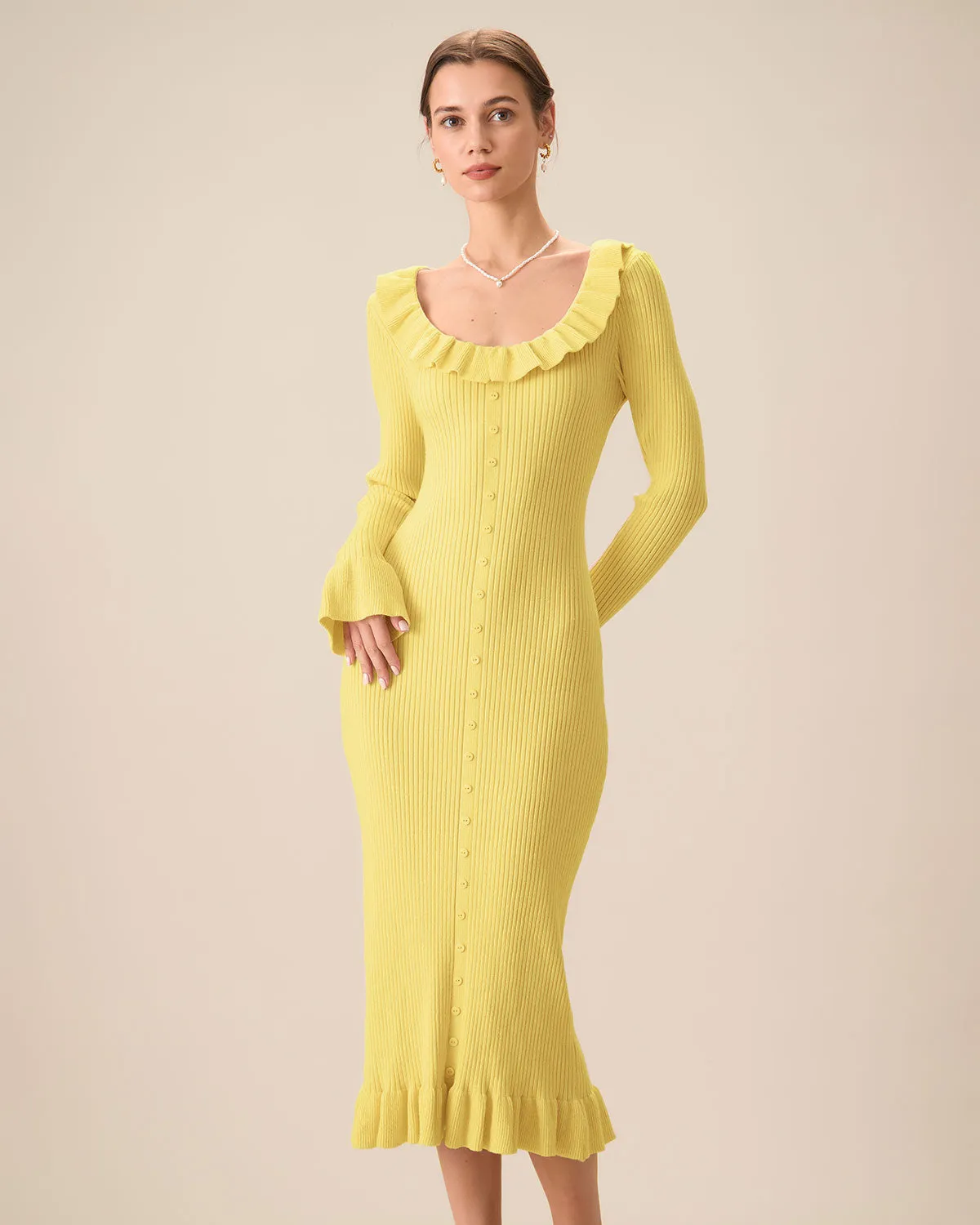 Yellow U-Neck Ruffle Bodycon Sweater Dress sold by rihoas