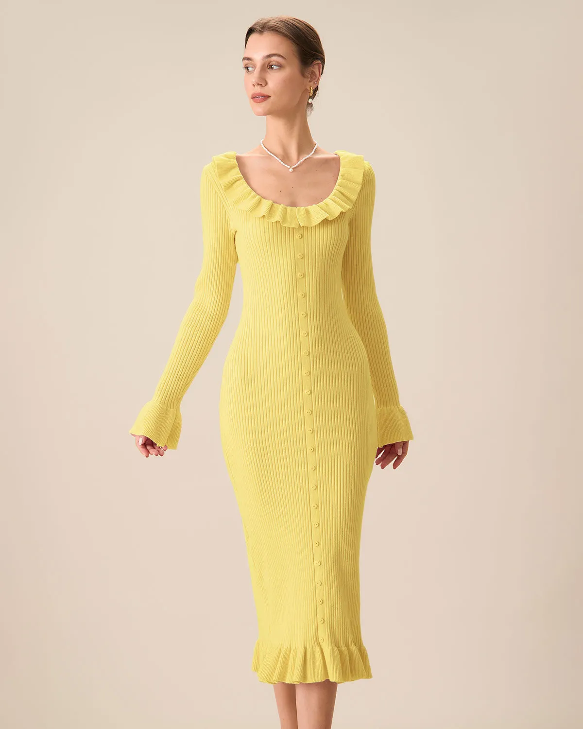 Yellow U-Neck Ruffle Bodycon Sweater Dress sold by rihoas product image thumbnail 2