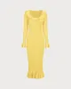Yellow U-Neck Ruffle Bodycon Sweater Dress sold by rihoas
