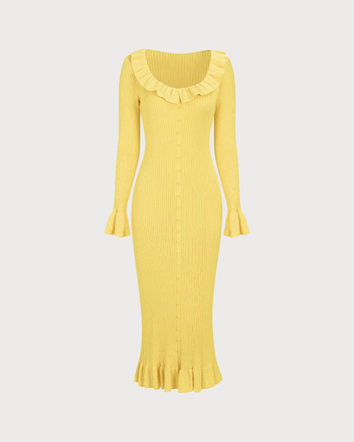 Yellow U-Neck Ruffle Bodycon Sweater Dress sold by rihoas product image thumbnail 4