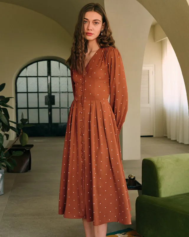 Brown Polka Dot Pleated Midi Dress sold by rihoas